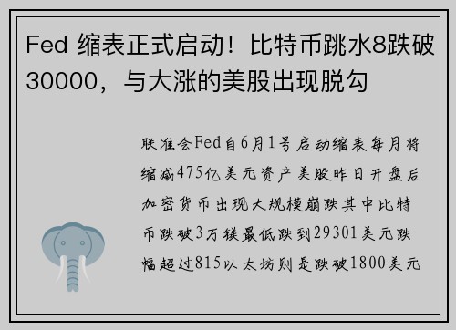 Fed 缩表正式启动！比特币跳水8跌破30000，与大涨的美股出现脱勾
